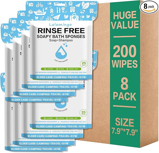 8 Pack Disposable Rinse Free Bath Sponges, No Rinse Bathing Wipes for Adults, Soap Infused Dry Shower Wipes for Elderly, Bedridden, Camping, Post Surgery(200PCS)