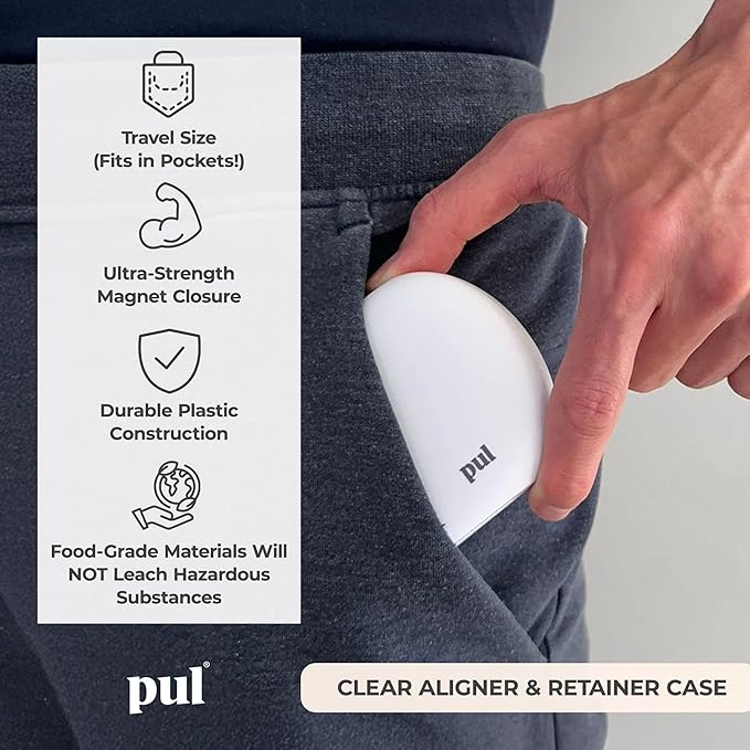 PUL Clear Aligner & Retainer Case – for Invisalign, Partial Dentures, Mouth & Night Guards, PUL Removal Tool, Dental Removables – Plastic Holder w/Secure Magnet Closure, Sleek & Slim Design – White