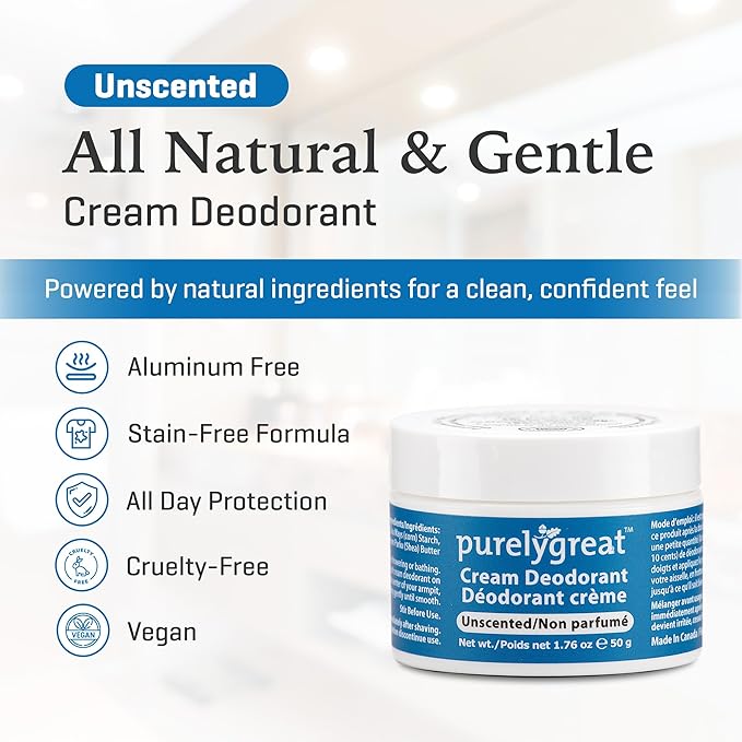 Purelygreat Cream Deodorant, Aluminum-Free, Deodorant Cream for Lasting Odor Control, Vegan, Cruelty-Free Natural Deodorant for Women & Men, Contains No Chemicals, Parabens, or BPA, Unscented, 1.76oz