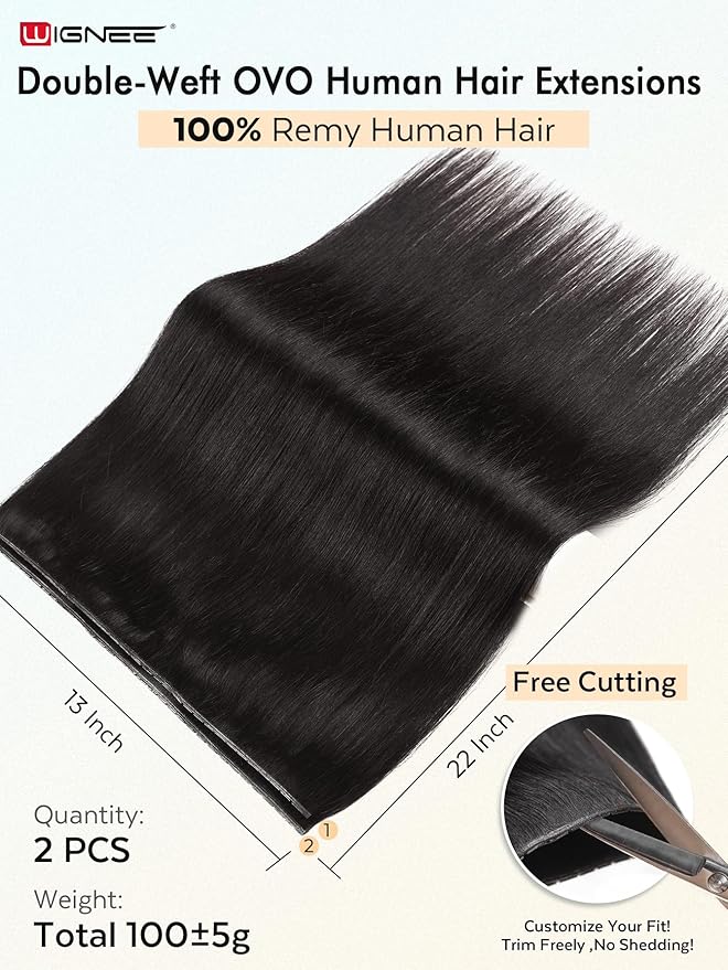 WIGNEE Double Layered OVO Hair Extensions Natural Black Human Hair weft with beads 100% Real Human Hair Extensions 22 Inch Seamless Micro Beads Human Hair Extensions Glueless Salon Quality(1B)