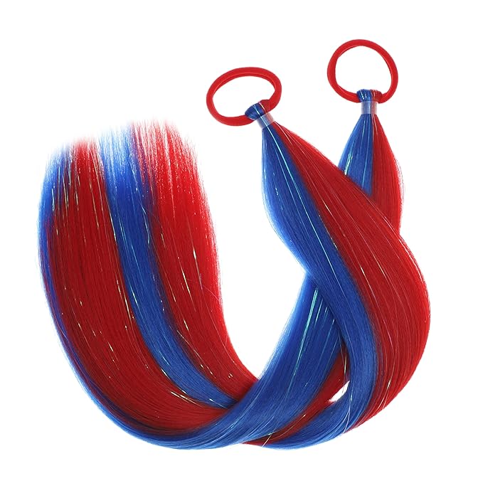 Red and Blue Hair Extensions for Braids Ponytail Extension 2 Packs, 20 inch Crazy Hair Day Accessories for Women, DIY Festival Wacky Rave Braids for Women,Tinsel Mixed