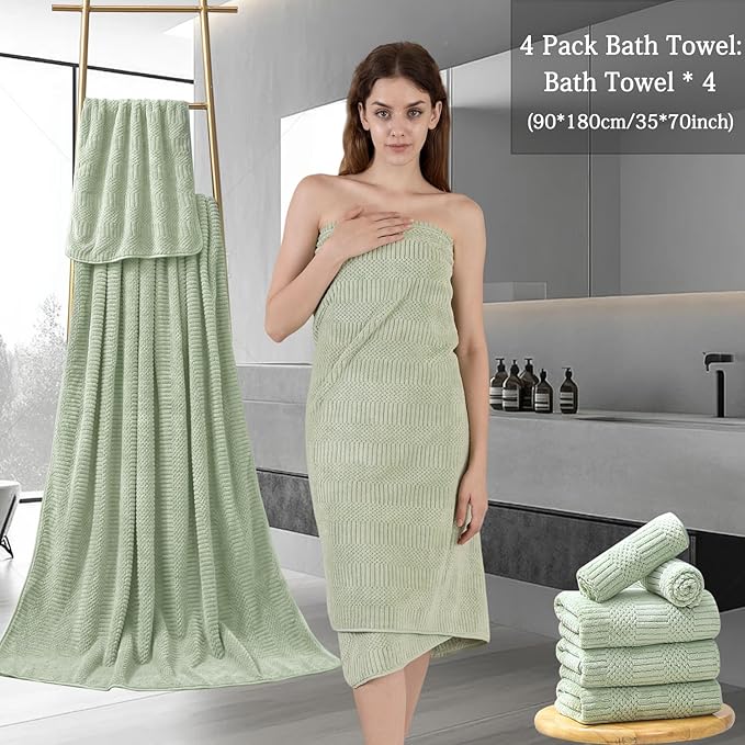 Ycosy 4 Pack Extra Large Microfiber Bath Towels Set,35x70 inches,600GSM,Less Lint Highly Absorbent Super Soft & Quick Dry,Oversized Bath Towels,Perfect for Bathroom Gym Pool,Green