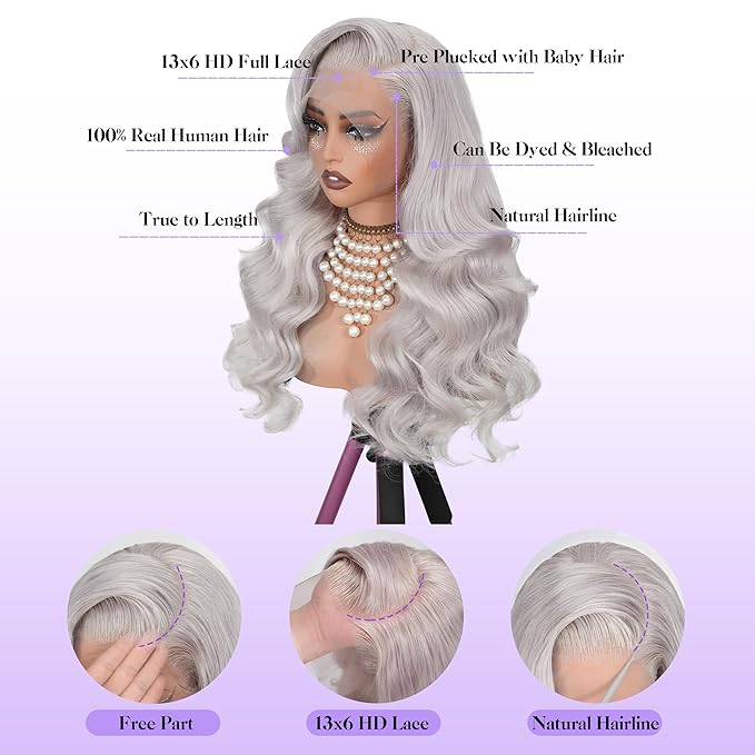 Grey Wig Human Hair 250 Density 28 Inch 13x6 Body Wave Colored Lace Front Wig Human Hair Pre Plucked, 100% Real Human Hair No Synthetic Blend Tangle Free Shedding Free Triple Lifespan 3X