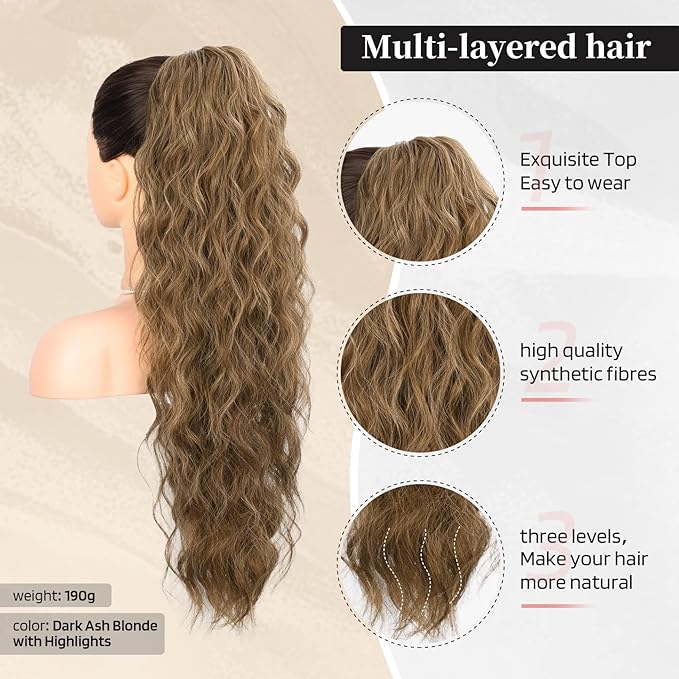 FLUFYMOOZ Ponytail Extension, 26 Inch Drawstring Ponytail Hair Extensions for Women， Long Curly Wavy Ponytail Natural Synthetic Hairpiece for Women (26" Dark Ash Blonde with Highlights)