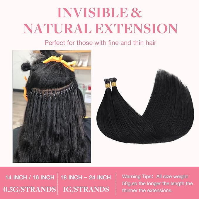 GOO GOO I Tip Hair Extensions Real Human Hair, 22inch 50g 50S, Cold Fusion I Tip Hair Extensions, Invisible Remy Hair Extensions, 1 Jet black