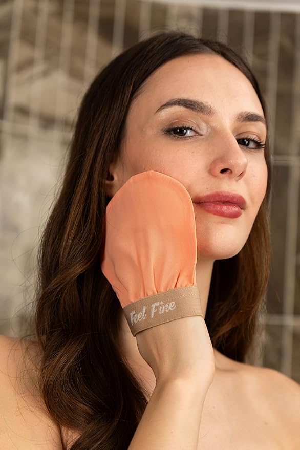 Feel Fine Turkish 100% Natural Plant Silk Exfoliating Gloves & Mitt Set – Hammam Kese for Body Scrub Mitt for Women & Men, Perfect for Shower, Bath, and Spa (Salmon Pink & Feel Fine)