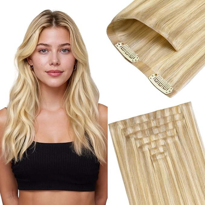 GOO GOO Invisi Edge Clip in Hair Extensions 16inch 140g 7Pcs Injected Seamless PU Clip in Hair Extensions, Virgin Real Human Hair,18A/613A Dark Blonde Highlighted Bleach Blonde