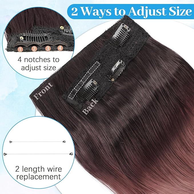 KooKaStyle Invisible Wire Hair Extensions Long Wavy Layered Synthetic Hairpieces with Transparent Wire Adjustable Size 6 Secure Clips Dark Brown to Dusty Rose Ombre for Women 20 Inch