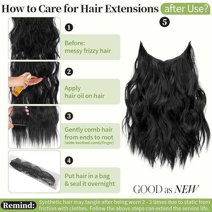 KooKaStyle Invisible Wire Hair Extensions with Transparent Headband Adjustable Size 4 Secure Clips Long Wavy Secret Wire Synthetic Hairpiece for Women (12 Inch, Black)