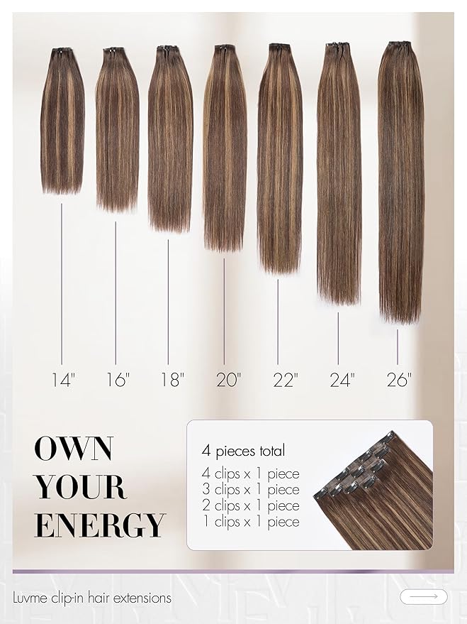 LUVME Clip in Hair Extensions, Straight Seamless 20 Inch 70g 4Pcs Brown Highlights, 100% Real Remy Human Hair, Soft Natural Full Max Invisible Comfortable Clip in Hair Extensions for Women