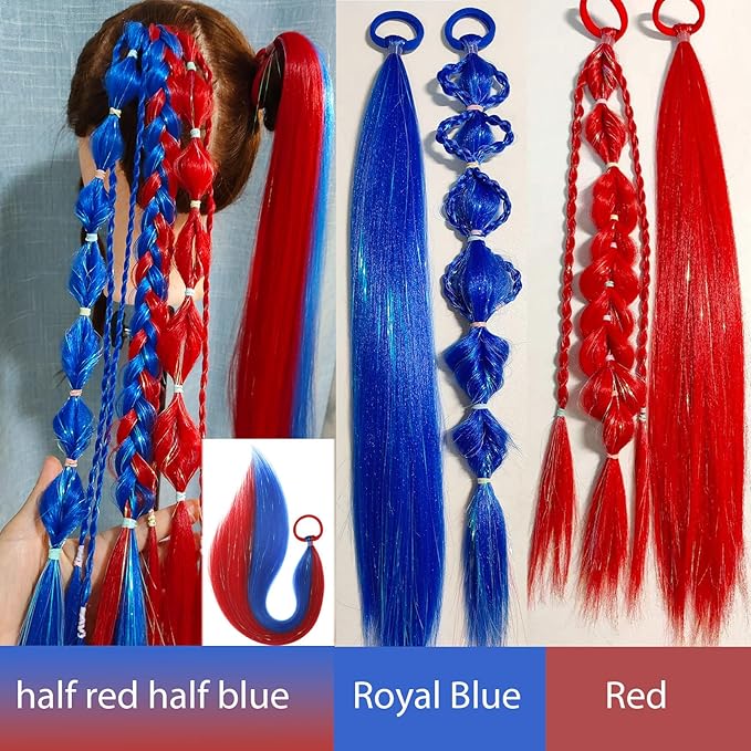 Red and Blue Hair Extensions for Braids Ponytail Extension 2 Packs, 20 inch Crazy Hair Day Accessories for Women, DIY Festival Wacky Rave Braids for Women,Tinsel Mixed