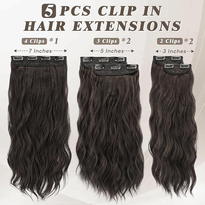 BARSDAR Wavy Clip in Hair Extensions - 20 Inch Dark Brown Clip in Hair Extensions for Women - 5PCs Thick Soft Synthetic Loose Wave Hairpieces – Dark Brown Mixed