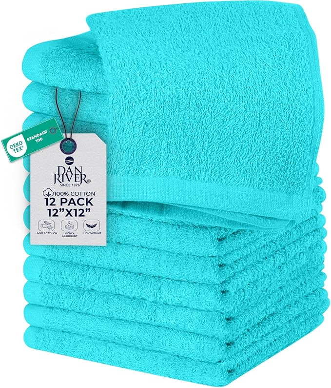 DAN RIVER 12 Pack Wash Cloths for Showering [12x12] - 100% Cotton Washcloths Premium Quality Flannel Face Cloths for Bathroom, Highly Absorbent and Soft Feel Wash Clothes, Aqua