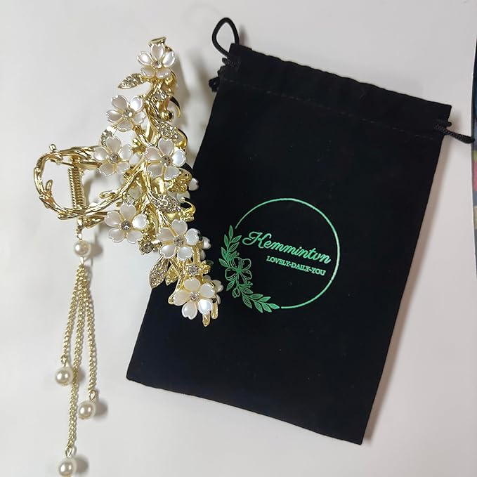 Elegant Floral Hair Clip, Pearl Tassel Bun Holder, Gold Lily of The Valley Design with Dangling Pearls, Temperament Pearl Bun Hair Clip Back Of The Head Shark Clip