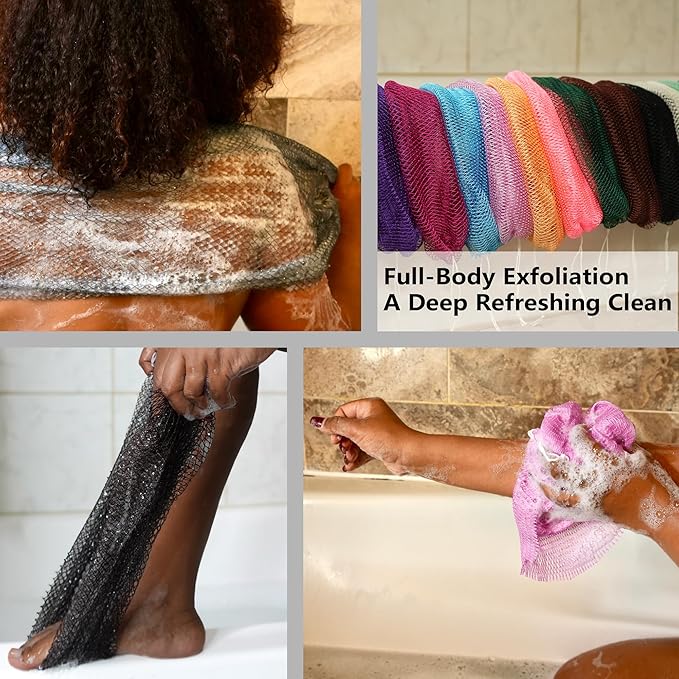 African Exfoliating Net Sponge Authentic – 2 Pieces African Bath Sponge with Knots, Quick-Drying Body Scrubber, 45 inches Stretch Exfoliating Washcloth Loofah for Women & Men (Black+Pink)