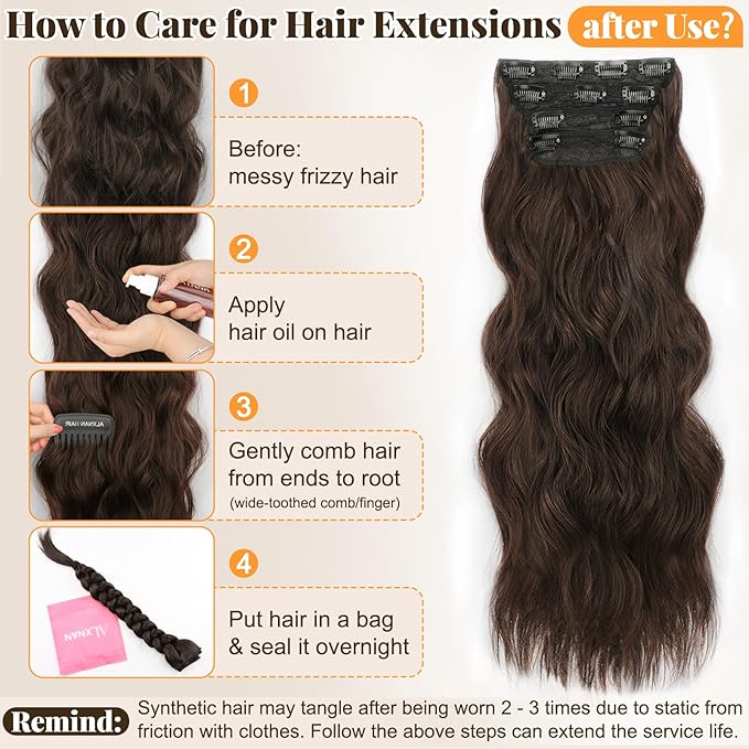 ALXNAN Clip in Long Wavy Synthetic Hair Extension 24 Inch Chocolate Brown 4PCS Thick Hairpieces Fiber Double Weft Hair for Women