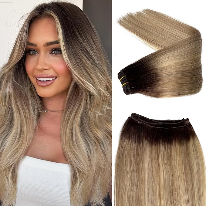 Licoville Sew in Hair Extensions Ash Brown and Light Blonde Balayage Ombre Real Human Hair Extensions 14 Inch 80G Straight Highlight Blonde Bundles Sew in Human Hair Wefts Ash Brown with Highlights