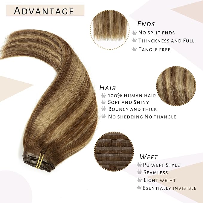 Caliee Brown Clip in Hair Extensions Real Human Hair Invisible PU Weft Clip in Hair Extensions R4-4/27 Highlighted Chocolate Brown to Caramel Blonde Natural Remy Human Hair Extensions 18Inch 8Pcs 115G