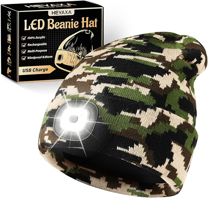 Unisex LED Beanie with Light, Rechargeable Headlamp Hat, Stocking Stuffers Christmas Gifts for Men, Warm Knitted Cap White Elephant Gifts for Dad Adults Teens Men Women Him