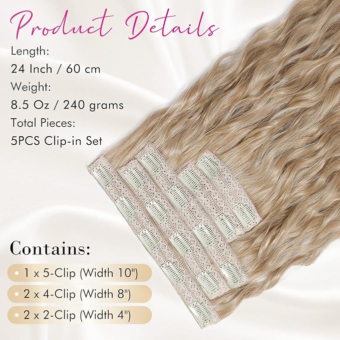 REECHO Clip in Hair Extensions, 5PCS Blonde Hair Extensions 24" Thick Long Loose Waves hair extensions HE002 Invisible Lace Weft Natural Soft Hairpieces for Women – Dark Blonde with Light Ends