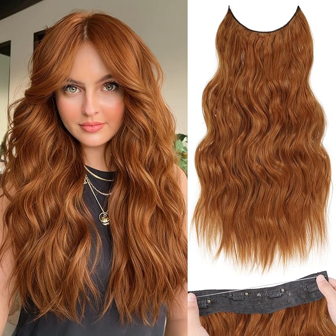 KooKaStyle Invisible Wire Hair Extensions with Transparent Headband Adjustable Size 4 Secure Clips Long Wavy Secret Wire Synthetic Hairpiece for Women(30C#Copper Auburn 20Inch)