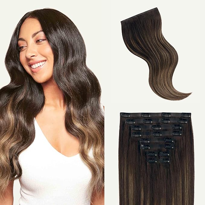 Luxy 100% Remy Human Hair - Seamless Clip-In Hair Extensions - Multi-Dimensional Color for Natural Blending, Adds Volume & Length 50 grams 12" Mocha Bronde Balayage
