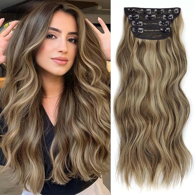 20 Inch Long Wavy Hair Extensions Honey Blonde Mixed Light Brown 4PCS Synthetic Long Clip in Hair Extensions for Women Full Head Not Tangled Natural Soft Thick Hair (20INCH, 22H10)
