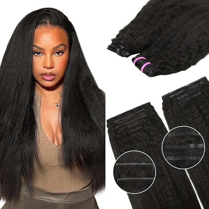 Lashey Invisi Edge & Seamless Clip in Hair Extensions Human Hair, 14 Inch 130g 9pcs(5pcs Invisi Edge& 4pcs Seamless) Real Virgin Human Hair Extensions, Natural Black Kinky Straight Hair