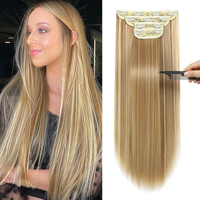 REECHO 20" Straight Long 4 PCS Set Thick Clip in on Hair Extensions Medium Blonde with Highlights