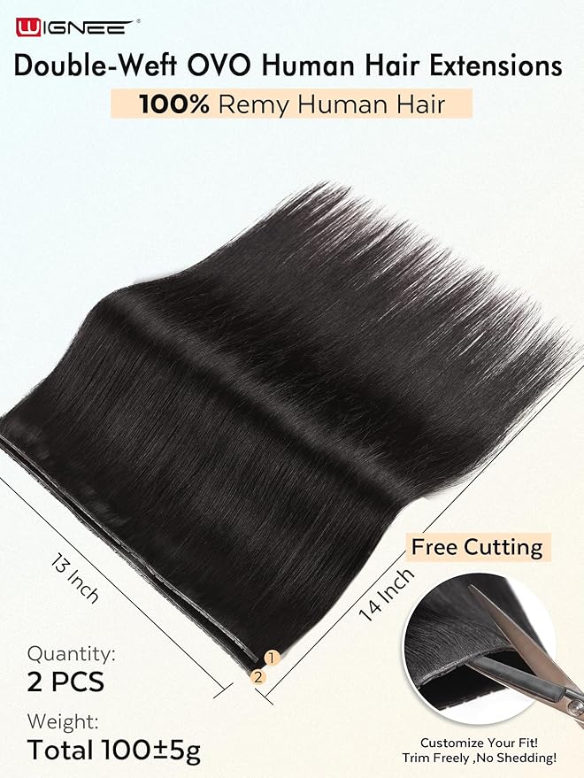 WIGNEE 100% Remy Double Weft Invisible PU OVO Human Hair Extensions 14 Inch Micro Beads Real Human Hair Extensions Natural Black Genius Hair Extensions Real Human Hair (1B)