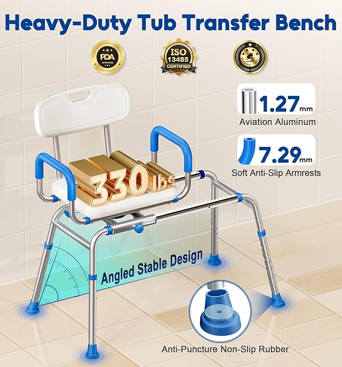 Sliding Shower Chair with Extra-Wide 360° Swivel Seat, 330lbs Tub Transfer Bench, Non-Slip & Padded Arms, Adjustable Height for Elderly & Disabled Inside Shower, Rectangular