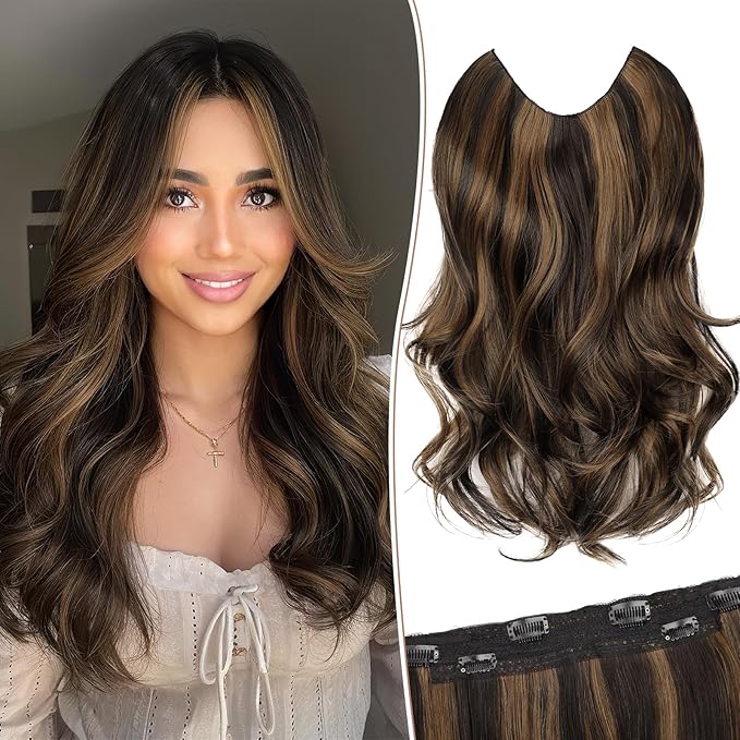 KooKaStyle Invisible Wire Hair Extensions Long Straight Layered Synthetic with Transparent Wire Adjustable Size 6 Secure Clips Hairpieces for Women 16Inch (Balayage Dark Brown to Chestnut)