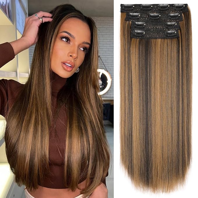 Clip in Hair Extensions Long Straight Hairpieces 22 Inch Balayage Dark Brown to Chestnut 4PCS Ultra-thin and breathable Hairpieces Fiber Double Weft Hair for women