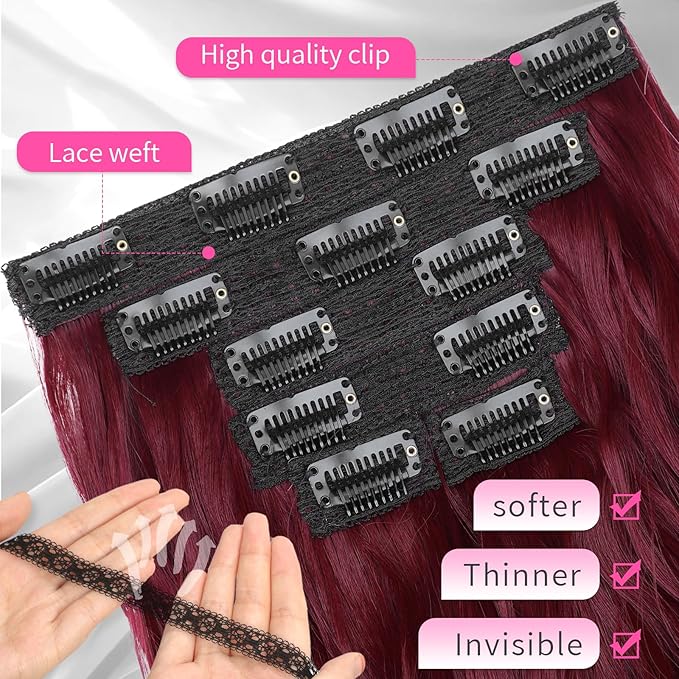 KooKaStyle Short Hair Extensions 6PCS 14 Inch Wavy Curly Hairpieces Synthetic Soft Lace Weft Clip in Hair Extensions-Burgundy for Women