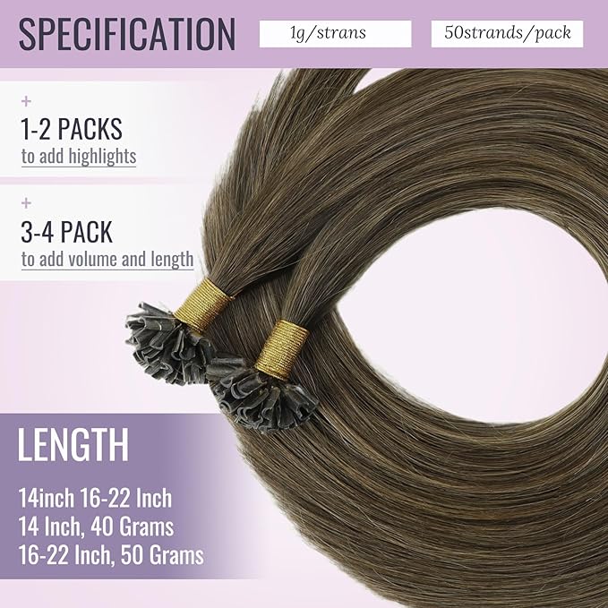 Fshine Keratin U Tip Human Hair Extensions Dark Brown to Chestnut Brown Balayage Remy K Tip Hair Extensions Pre Bonded Human Hair Extensions 16 Inch Silky Straight Brown Balayage Human Hair 50g/50s