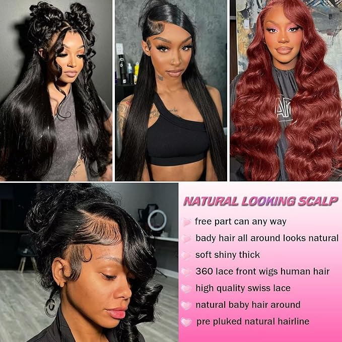 Aicrelery Hidden Strap 360 Lace Front Wigs Human Hair Body Wave HD Lace Front Wigs Pre Plucked with Baby Hair Drawstring 360 Frontal Glueless Wigs for Women 180 Density 360 Lace Wig 24 inch