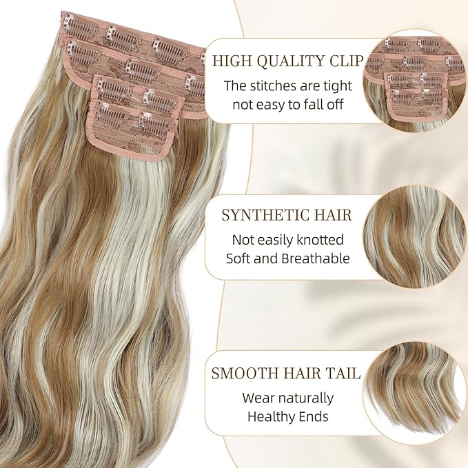 Vigorous Clip in Hair Extensions 4Pcs Blonde mix Platinum Blonde Hair Extensions Clip Ins 20Inch Natural Soft Synthetic Hairpieces for Women