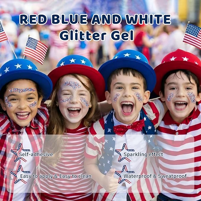 Red Blue and White Body Glitter Stick, 4th of July Independence Day Accessories, Waterproof Face Body and Hair Glitter Makeup, Patriotic Day Memorial Day Glitter Makeup for Women and Girls