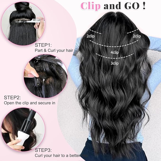 ALXNAN Clip in Long Wavy Synthetic Hair Extension 20 Inch Black Mix Rose Pink Highlights 4PCS Thick Hairpieces Fiber Double Weft Hair for Women