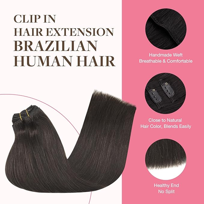 GOO GOO Clip in Hair Extensions Real Human Hair, Remy Human Hair Extensions Clip ins for Women, Natural Human Hair, 26inch 260g 9Pcs, #2 Dark Brown