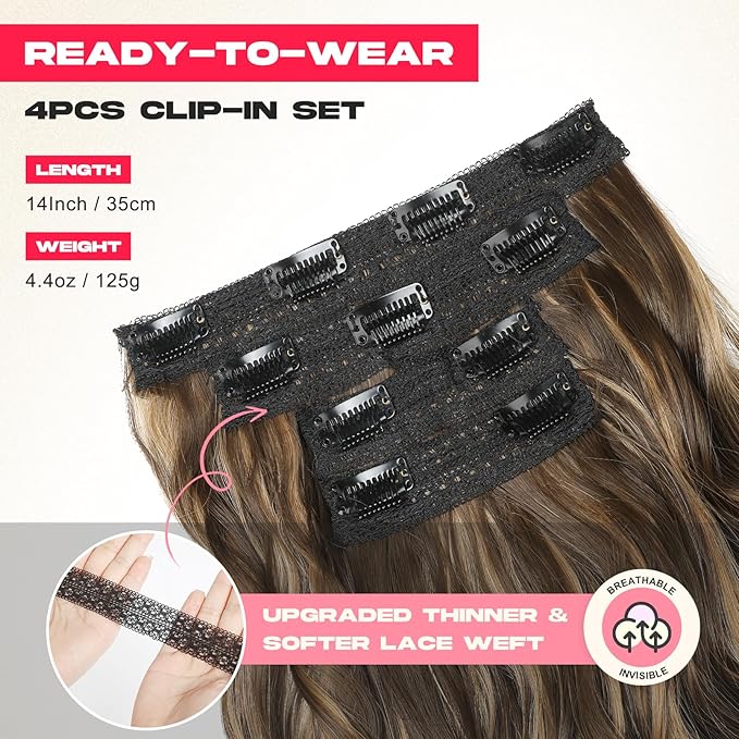 Hair Extensions, 14" Short Clip in Hair Extensions 4PCS Beach Wave Blonde Natural Soft Synthetic Hairpiece for Women - Chocolate Brown with Highlights