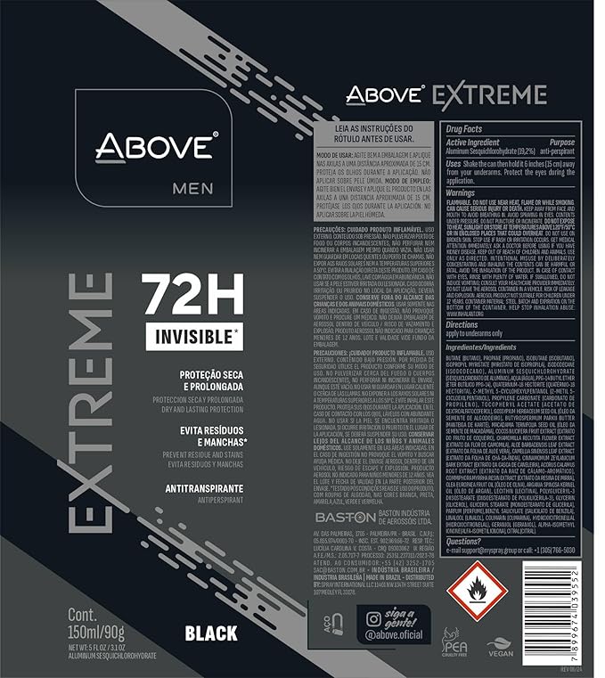 ABOVE Extreme Men Black - 72H Antiperspirant Spray Deodorant for Men 5.07 Fl Oz(4 Pack) | Aluminum-Free | Fresh Mist, No Stain, No Alcohol, Long-Lasting Men's Deodorant Spray | Lavender and Oliban