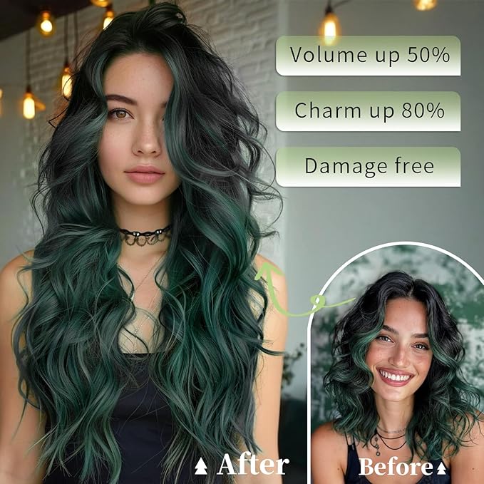 KooKaStyle Invisible Wire Hair Extensions with Transparent Headband Adjustable Size 4 Secure Clips Long Wavy Secret Wire Hairpiece 20 Inch for Women(Ombre Black to Green)
