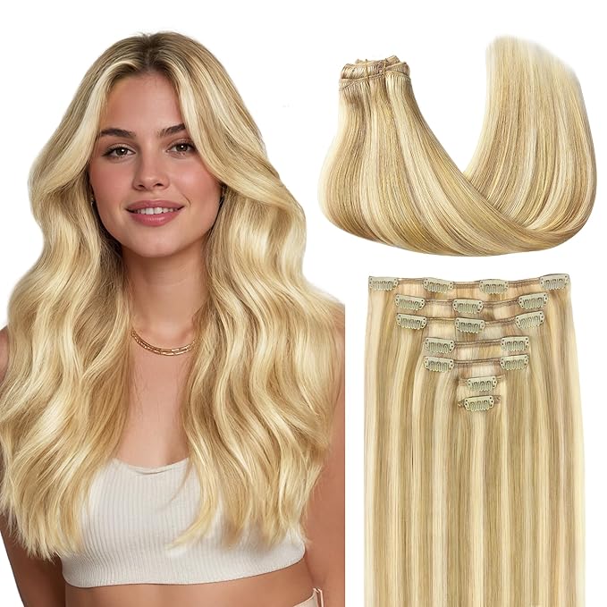GOO GOO Clip in Hair Extensions Real Human Hair, Remy Human Hair Extensions Clip ins for Women, Natural Human Hair, 18inch 120g 7Pcs, 18D/22F Dirty Blonde Highlights
