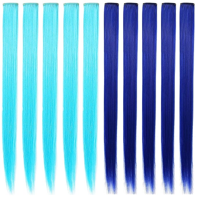 Bright Blue&Blue Wig Pieces Colorful Party Highlights Clip in Coloured Hair Extensions Multicolors Straight Synthetic Hairpieces for Women Kids Girls