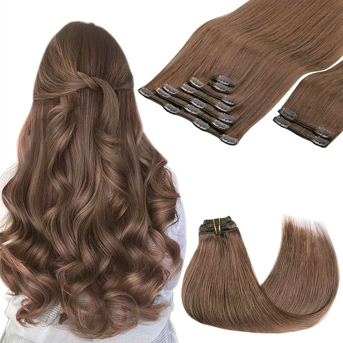 GOO GOO Clip in Hair Extensions Real Human Hair, Remy Human Hair Extensions Clip ins for Women, Natural Human Hair, 24inch 150g 9Pcs, #5 Light Ash Brown