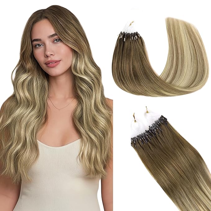 GOO GOO Micro Link Tip Hair Extensions Real Human Hair, 16inch 50g 50S, Cold Fusion Micro Link Tip, Invisible Remy Hair Extensions, 3/8/613 Walnut Brown to Ash Brown and Bleach Blonde