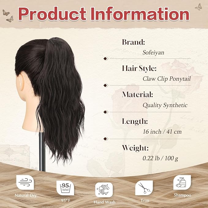 SOFEIYAN Ponytail Extension 16" Curly Wavy Claw Clip Ponytail Hair Extensions Small Claw Clip in Hairpiece Fluffy Clip on Pony Tails Jaw Clips for Women Synthetic Hairpiece, Dark Brown Tend to Black