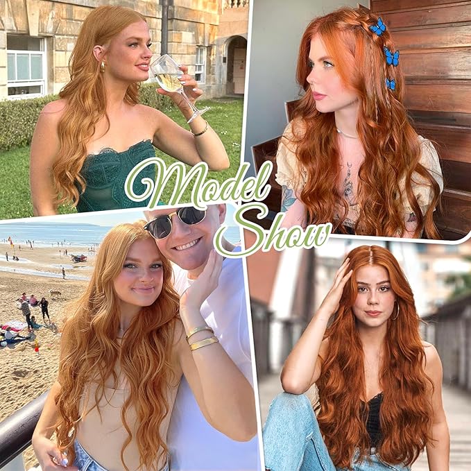 KooKaStyle Invisible Wire Hair Extensions with Transparent Headband Adjustable Size 4 Secure Clips Long Wavy Highlight Hairpiece 20 Inch Medium Reddish Blonde for Women