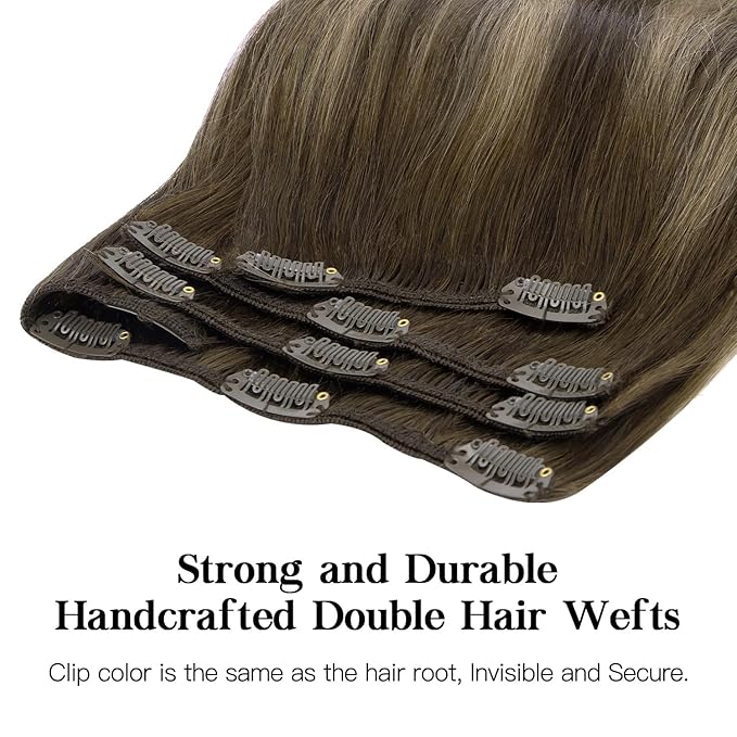 HOTBANANA Human Hair Clip in Hair Extensions, Balayage Chocolate Brown with Honey Blonde 120g Clip in Hair Extensions Real Human Hair Straight Remy Hair Clip Ins Dark Roots Ombre 16 Inch 7pcs